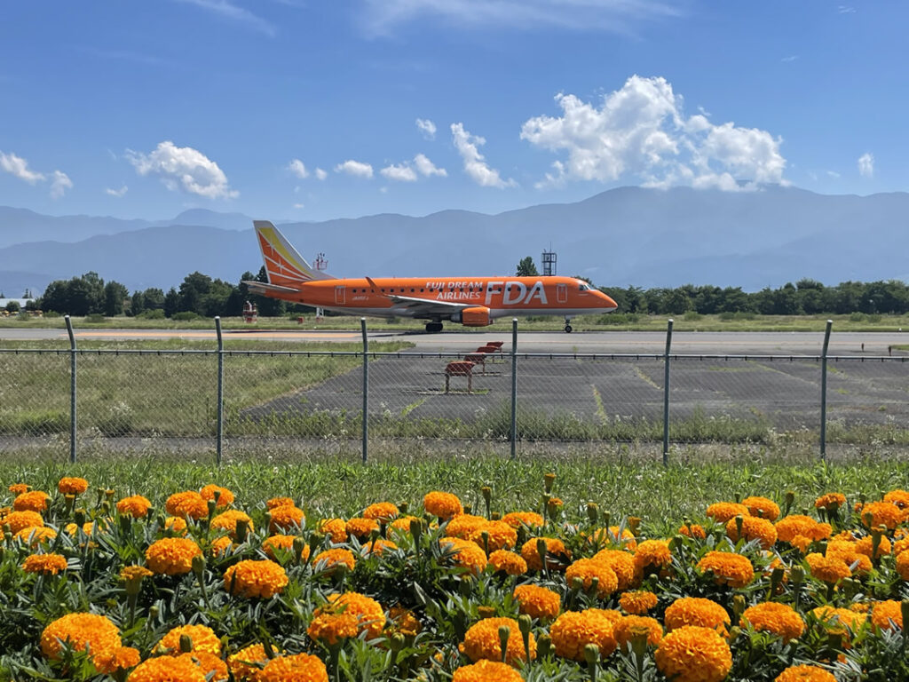信州スカイパーク飛行機と花