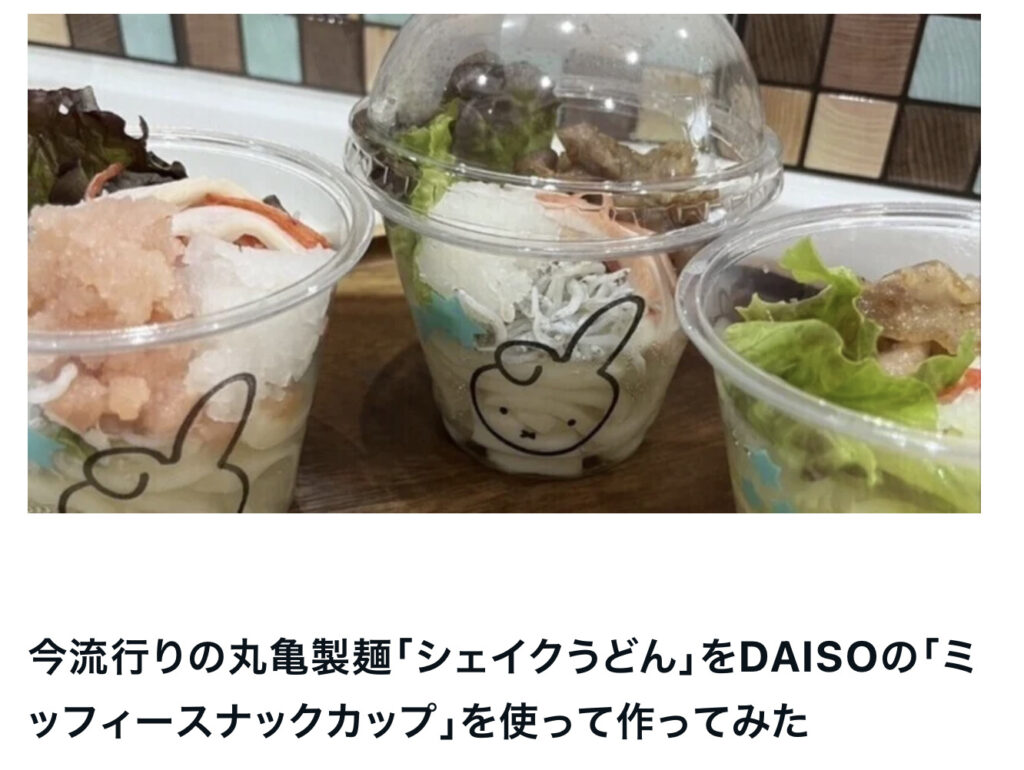 今流行りの丸亀製麺「シェイクうどん」をDAISOの「ミッフィースナックカップ」を使って作ってみた